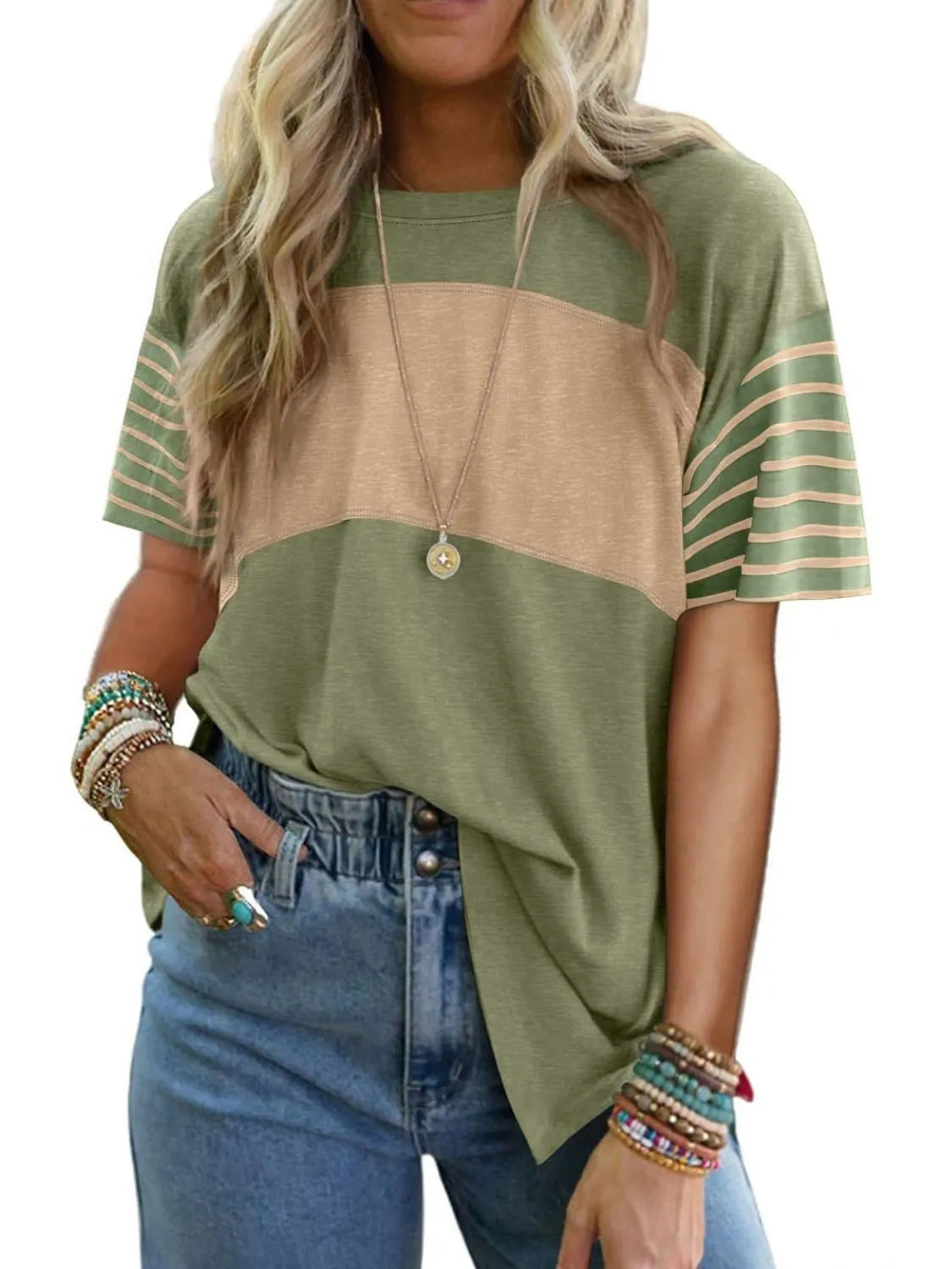 Color Block Striped Sleeve Casual T-Shirt - Ladyez