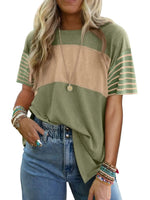 Color Block Striped Sleeve Casual T-Shirt - Ladyez