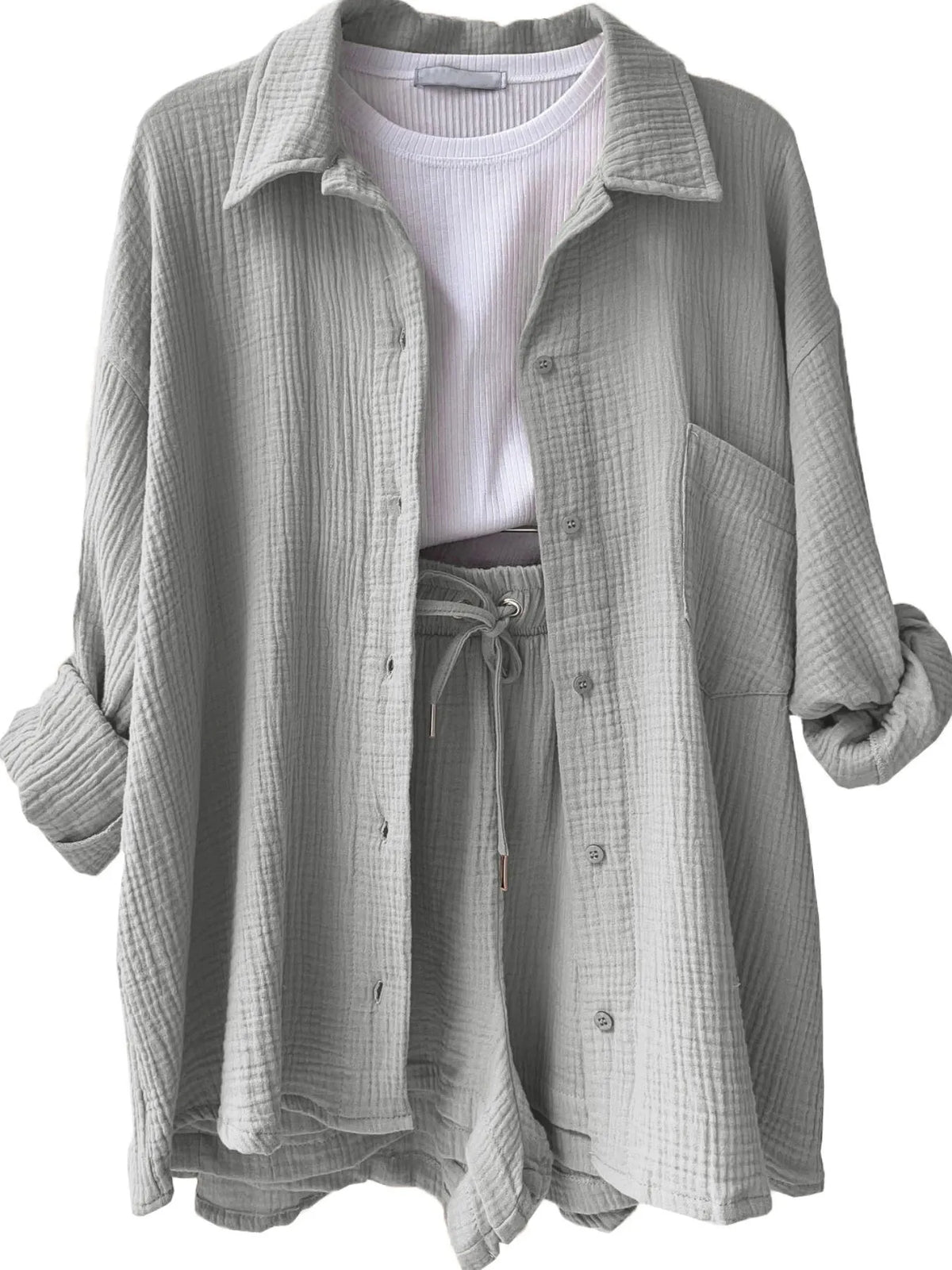 Textured Button Up Shirt and Shorts Set