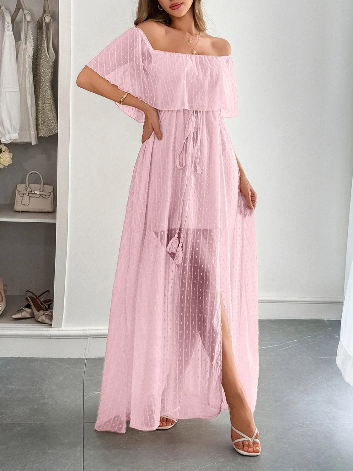 Swiss Dot Off Shoulder Maxi Dress - Ladyez