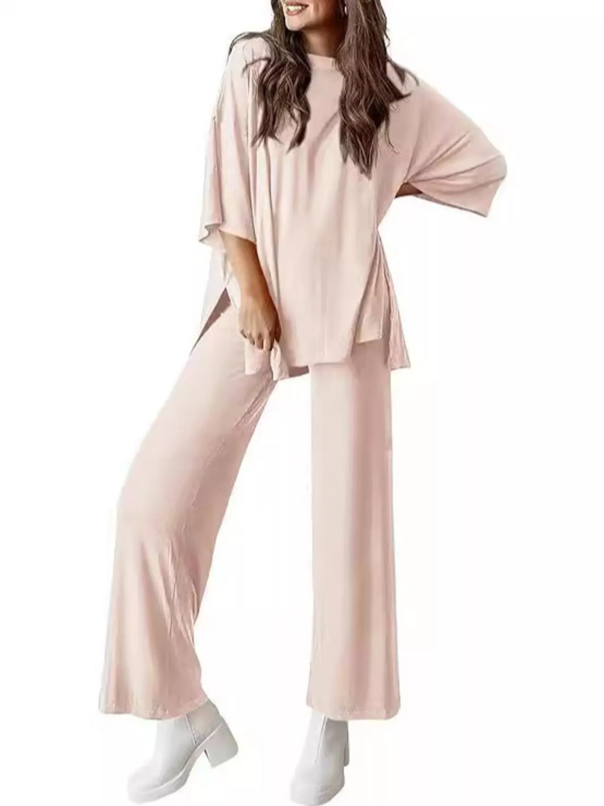 Relaxed Fit Round Neck Top and Pants Two-Piece Set