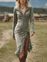 Full Size Fringe Hem Zip Front Bodycon Dress Plus Size