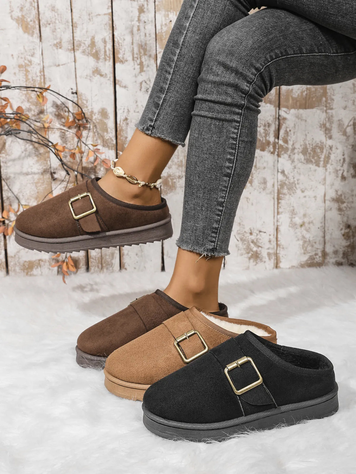 Cozy Buckle Suede Winter Slippers - Ladyez