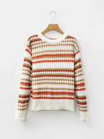 Stripe Eyelet Patterned Drop Shoulder Sweater