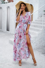 Devine Printed Tied Half Sleeve Slit Dress - Ladyez