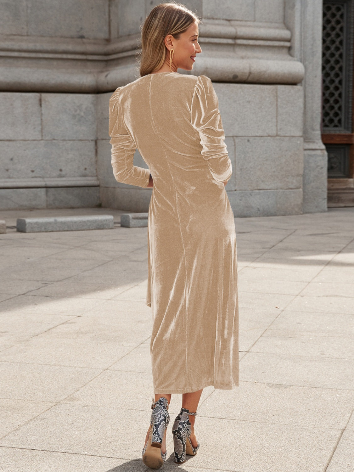 Surplice Puff Sleeve Midi Dress - Ladyez