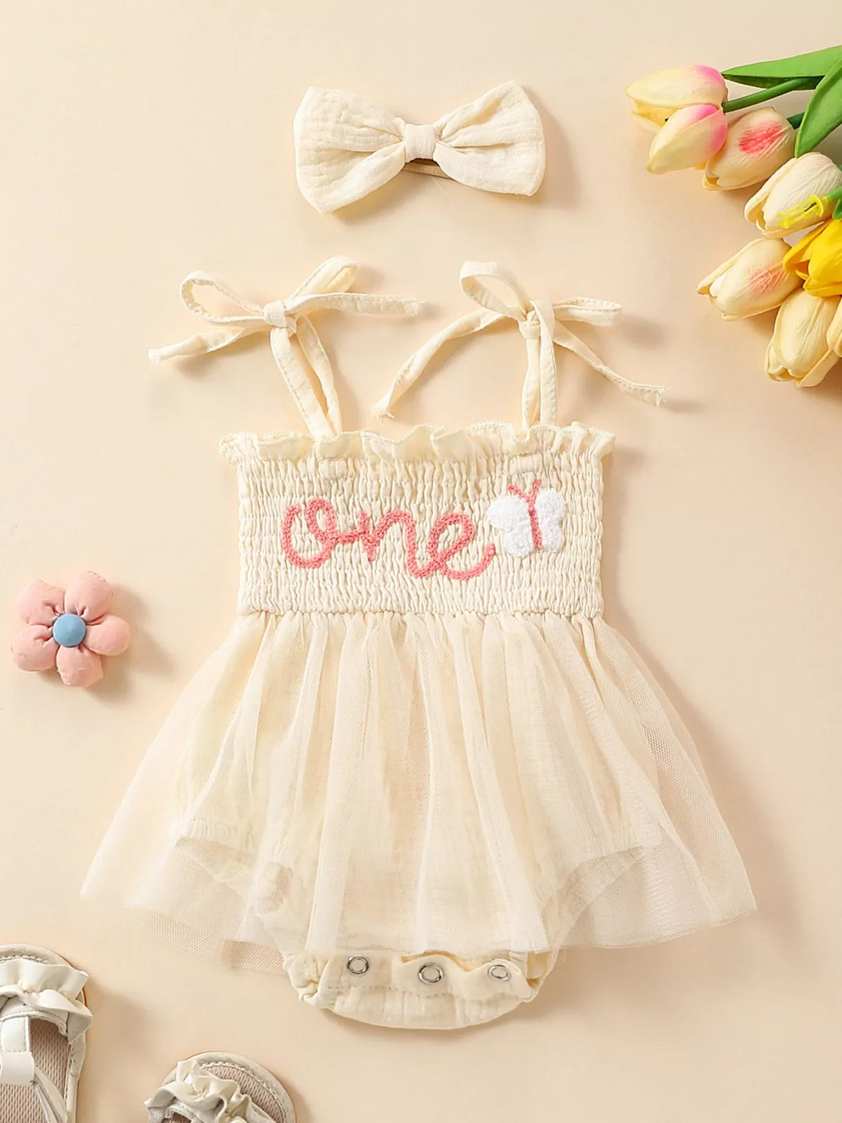 Children's Smocked Tie Shoulder Bodysuit & Headband Set