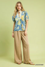 Umgee Mixed Abstract Print Puff Sleeve Blouse