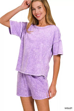 Zenana Halo Snow Washed Short Sleeve Tee and Shorts Set