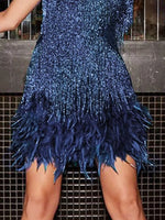 Full Size Sequin and Feather Fringe Mini Dress Plus Size
