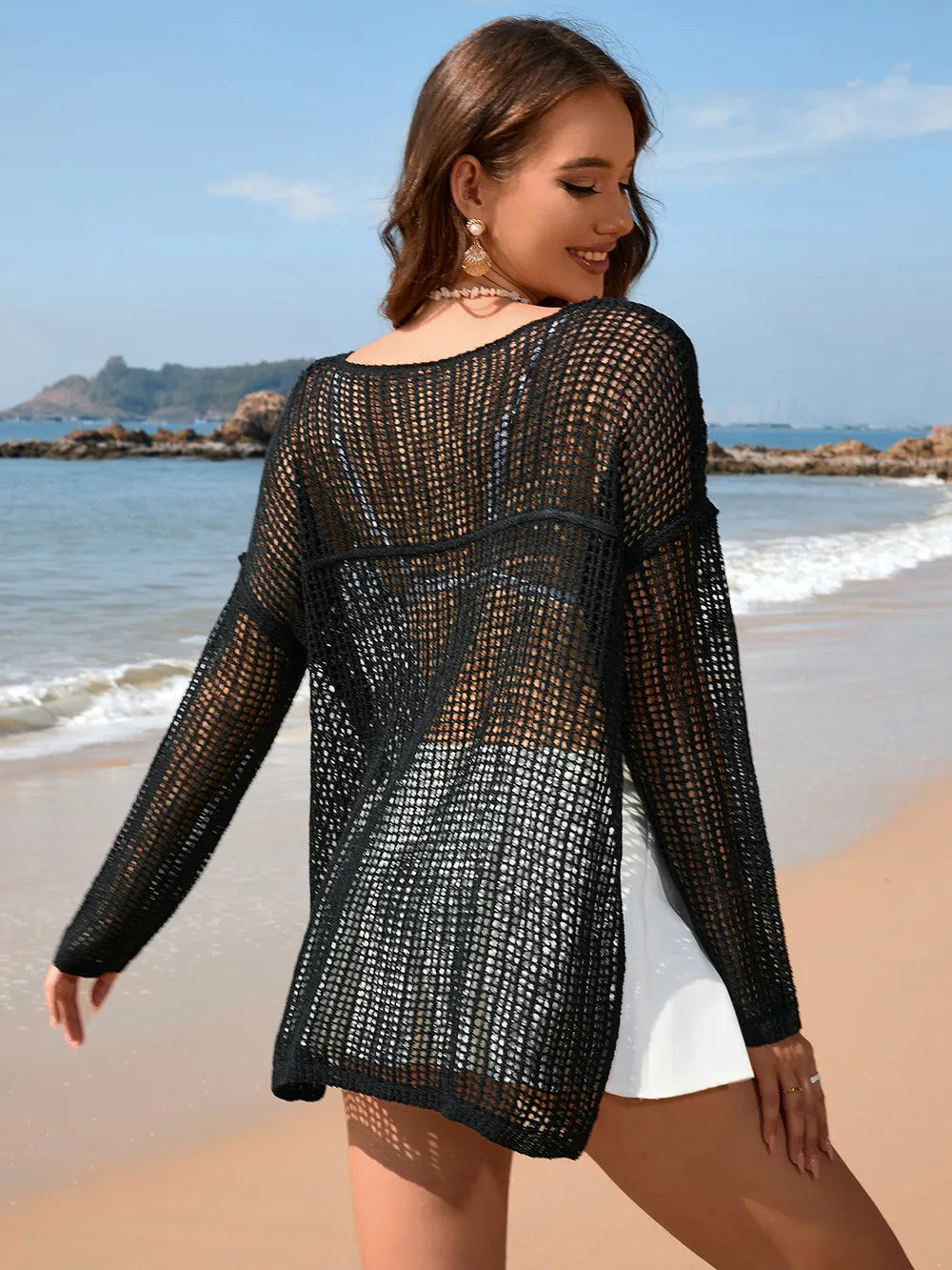 Openwork Slit Boat Neck Long Sleeve Cover-Up - Ladyez
