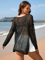 Openwork Slit Boat Neck Long Sleeve Cover-Up - Ladyez