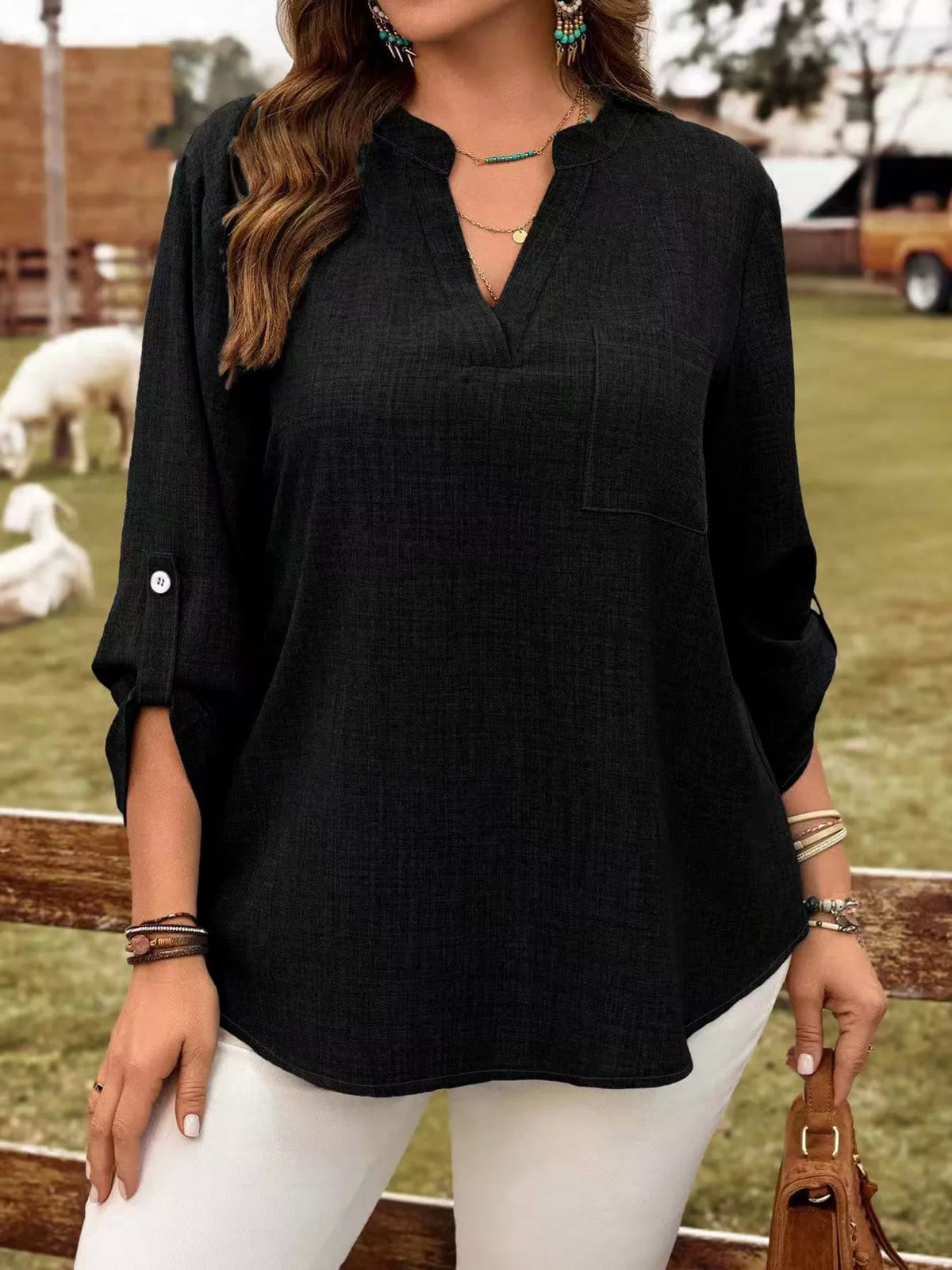 Plus Size Notched Roll-Tab Sleeve Casual Blouse