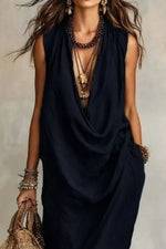 Sleeveless Drape Neck Midi Dress