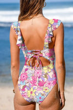 Floral Ruffle Trim Tummy Control One Piece Swimsuit - Ladyez