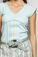 POL V-Neck Lightweight Textured Short Sleeve Knit Top with Lace Trim