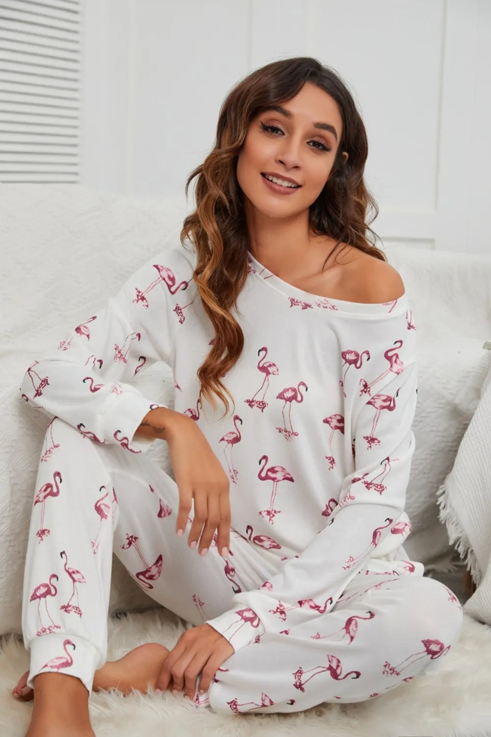 Flamingo Long Sleeve Top and Pants Lounge Set - Ladyez