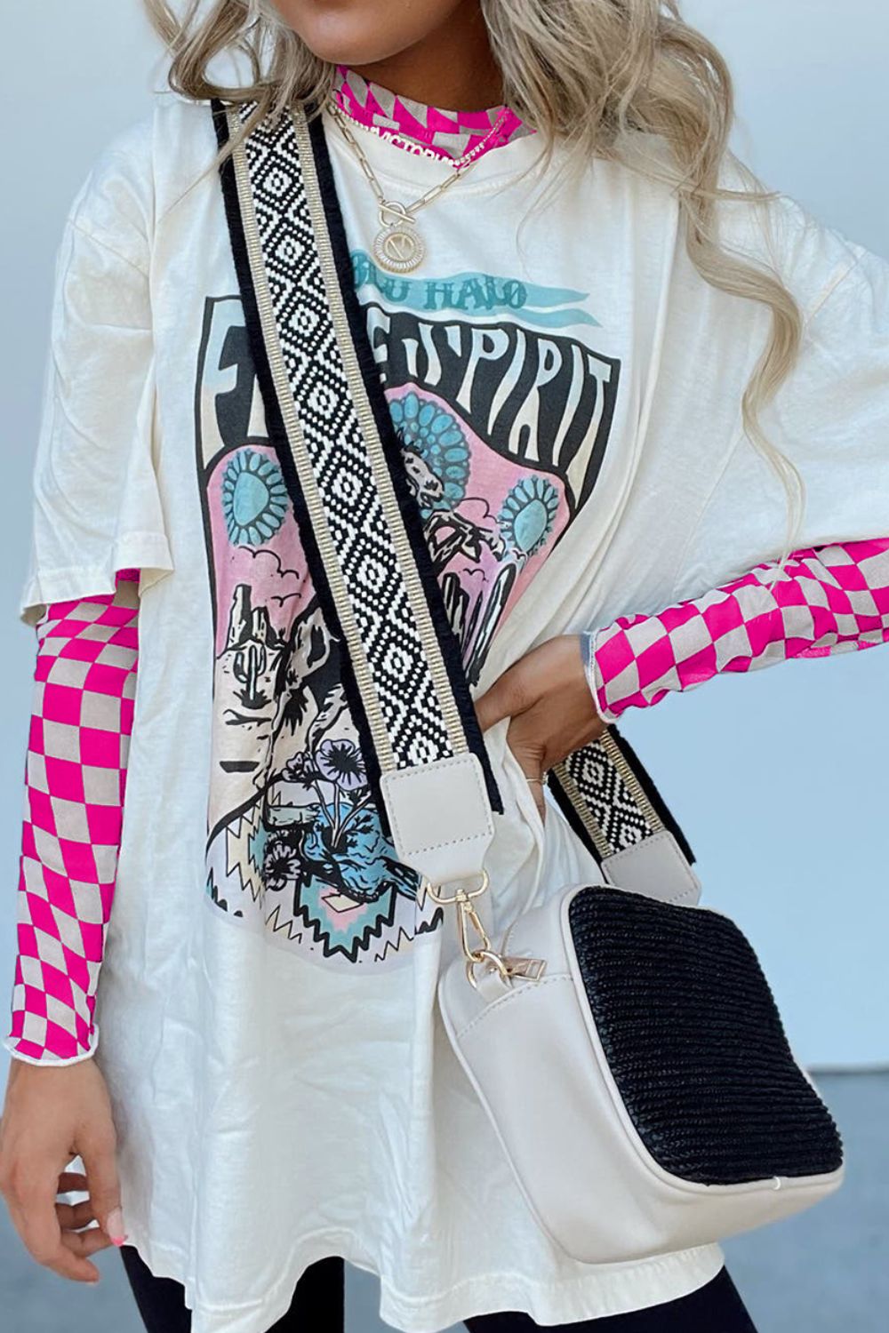 Checkered Mock Neck Long Sleeve Blouse - Ladyez