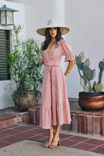 SO ME Stripe Textured Short Sleeves Lined Wrap Midi Dres