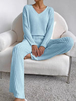 Ribbed Knit V-Neck Top and Pants Set