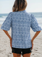 Printed Contrast Ric-Rac Puff Sleeve Top - Ladyez