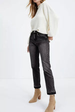 High-Waisted Distressed Hem Straight Leg Jeans