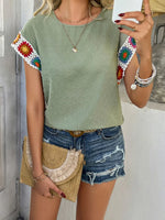 Devine Swiss Dot Round Neck Crochet Short Sleeve Top
