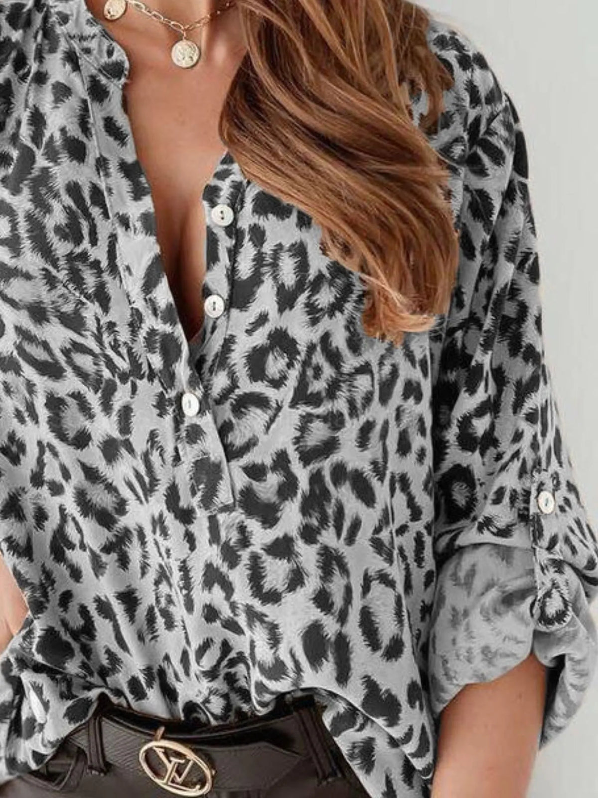 Full Size Leopard Print Roll-Tab Sleeves Blouse Plus Size - Ladyez