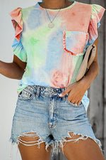 Ruffled Printed Round Neck Cap Sleeve T-Shirt - Ladyez