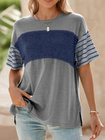 Color Block Striped Sleeve Casual T-Shirt - Ladyez