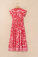 FloralRuffled V-Neck Midi Dress with Button Front