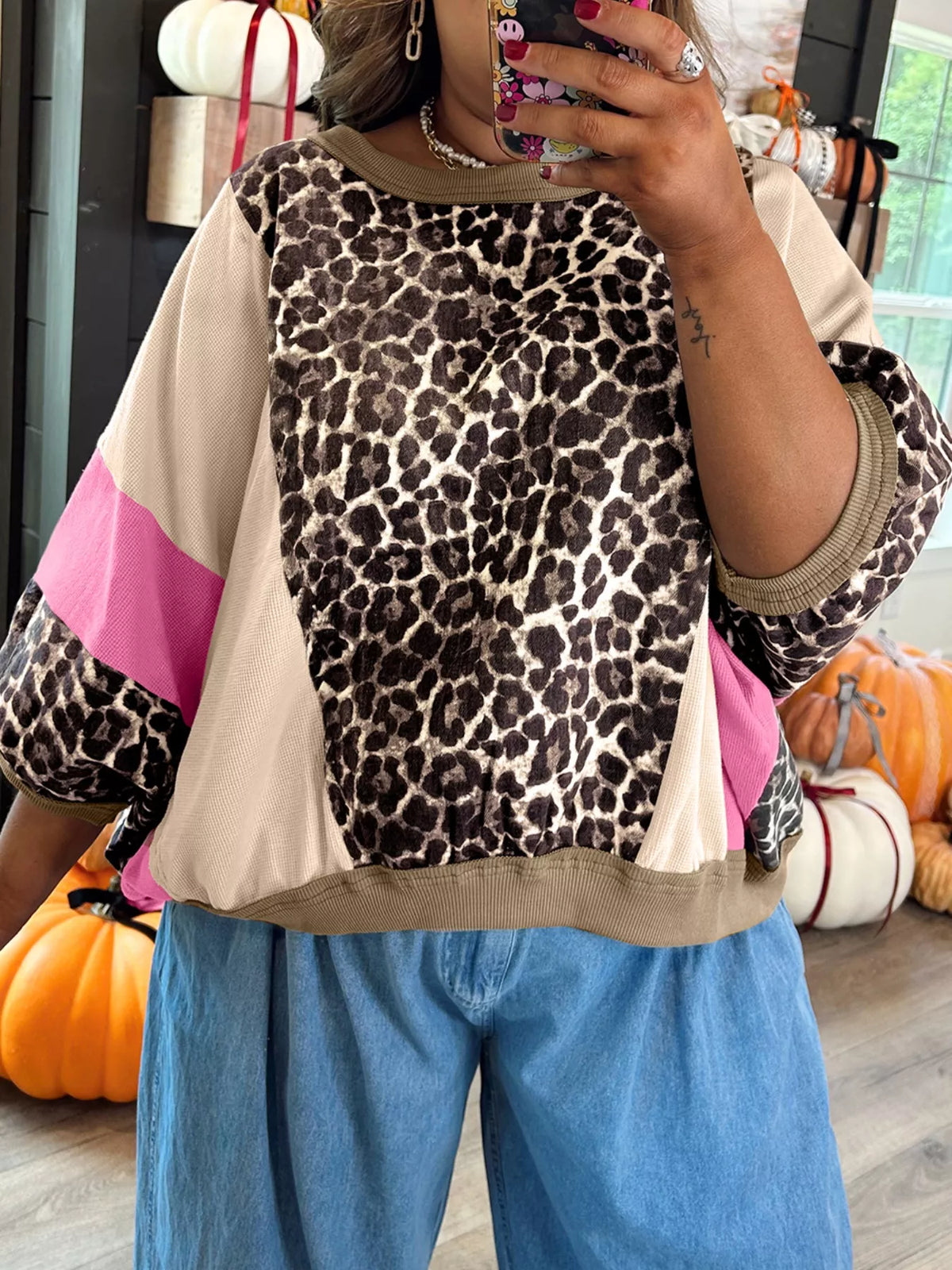 Leopard Print Color Block Round Neck Top