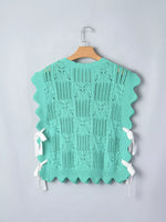 Pointelle Knit Patterned Scalloped Trim Short Sleeve Sweater