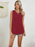 Round Neck Sleeveless Top with Pleated Front Detail - Ladyez