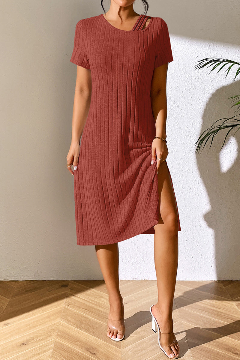 Ivy Lane Ribbed Asymmetrical Neck Short Sleeve Dress - Ladyez