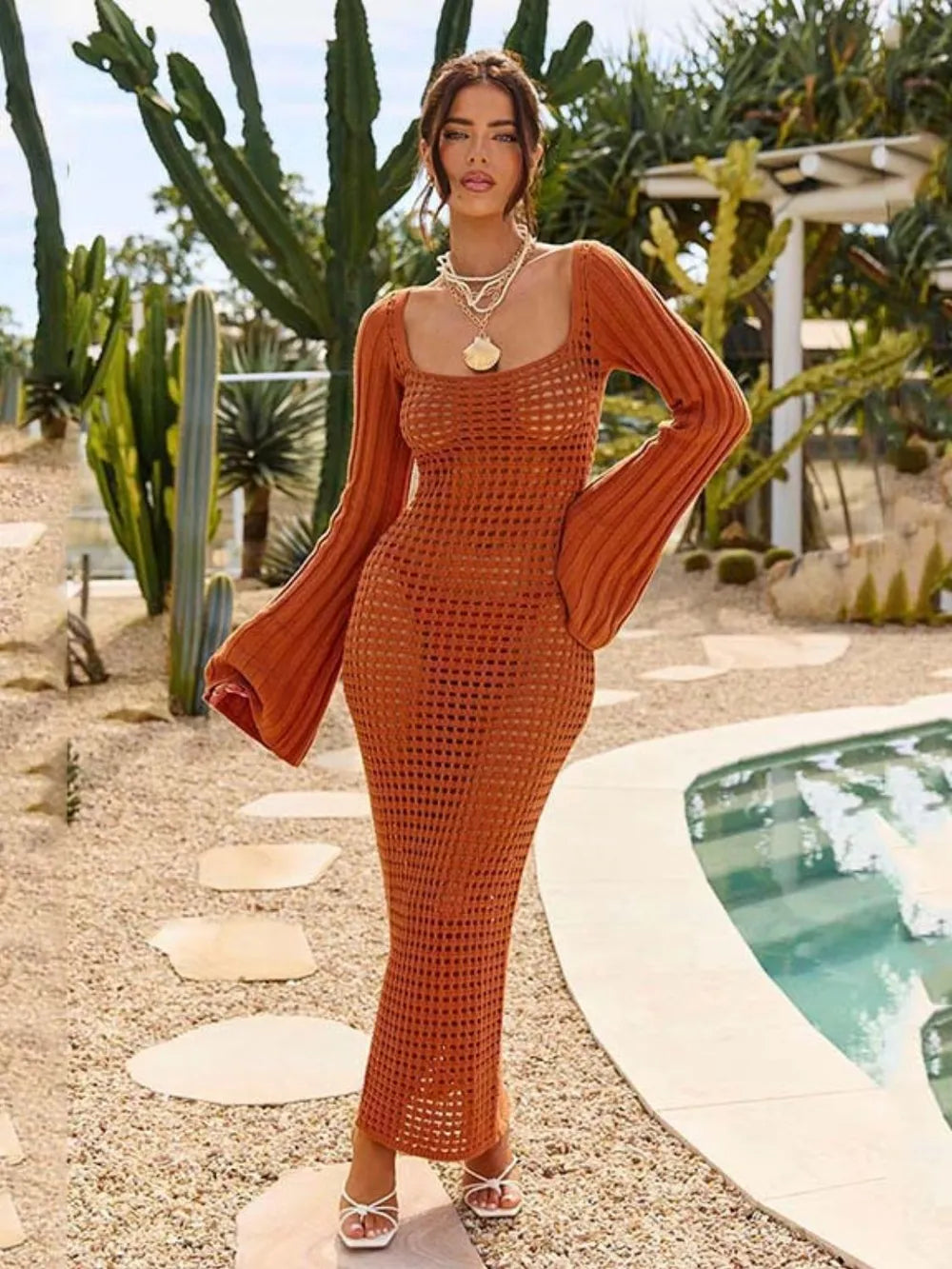 Openwork Square Neck Flare Sleeve Cover-Up Dress - Ladyez