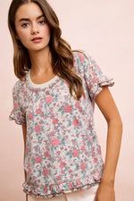 BiBi Rose Printed Slub Knit Ruffled Sleeves Top