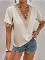 Full Size Contrast V-Neck Short Sleeve Blouse Plus Size