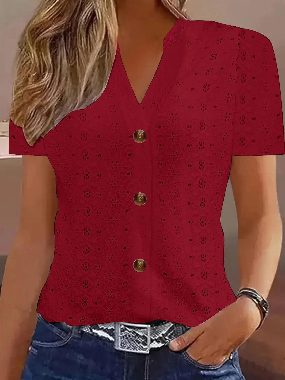 Openwork Notched Short Sleeve Top