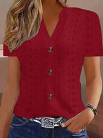 Openwork Notched Short Sleeve Top