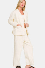 Zenana Quilted Button Up Long Sleeve Top and Pants Lounge Set - Ladyez