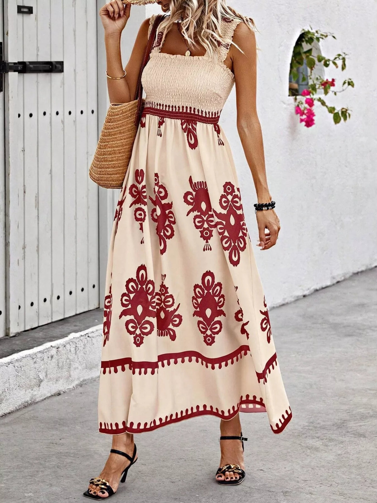 Smocked Printed Square Neck Maxi Dress