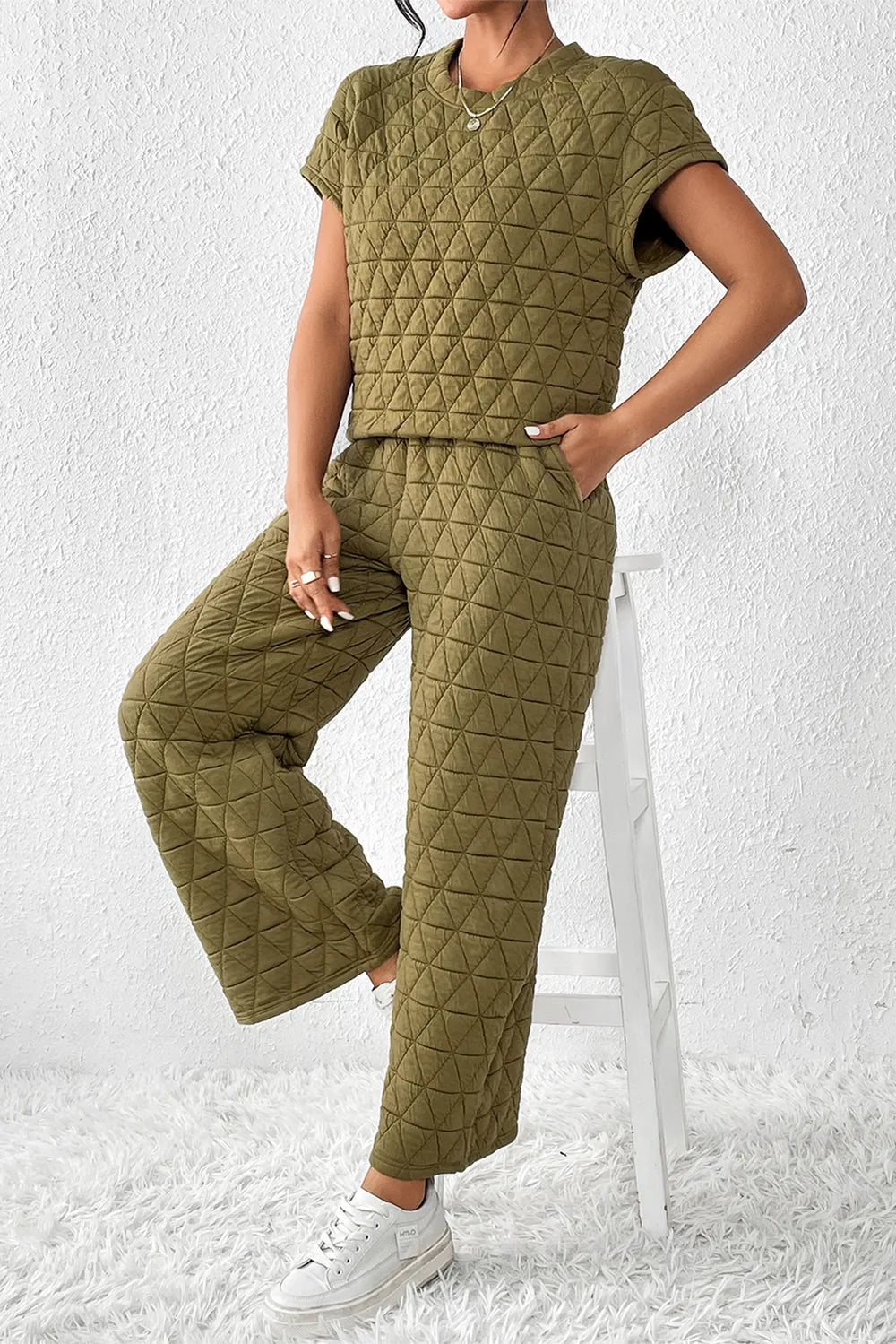 Short Sleeve Top and Pocketed Pants Lounge Set - Ladyez