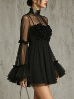 Sheer Mesh Flare Sleeve Mini Dress