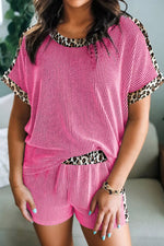 Leopard Trim Twist Ribbed Top and Shorts Set
