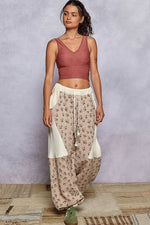 POL Drawstring Quilted Printed Knit Floral Pants with Double Gauze Patchwork