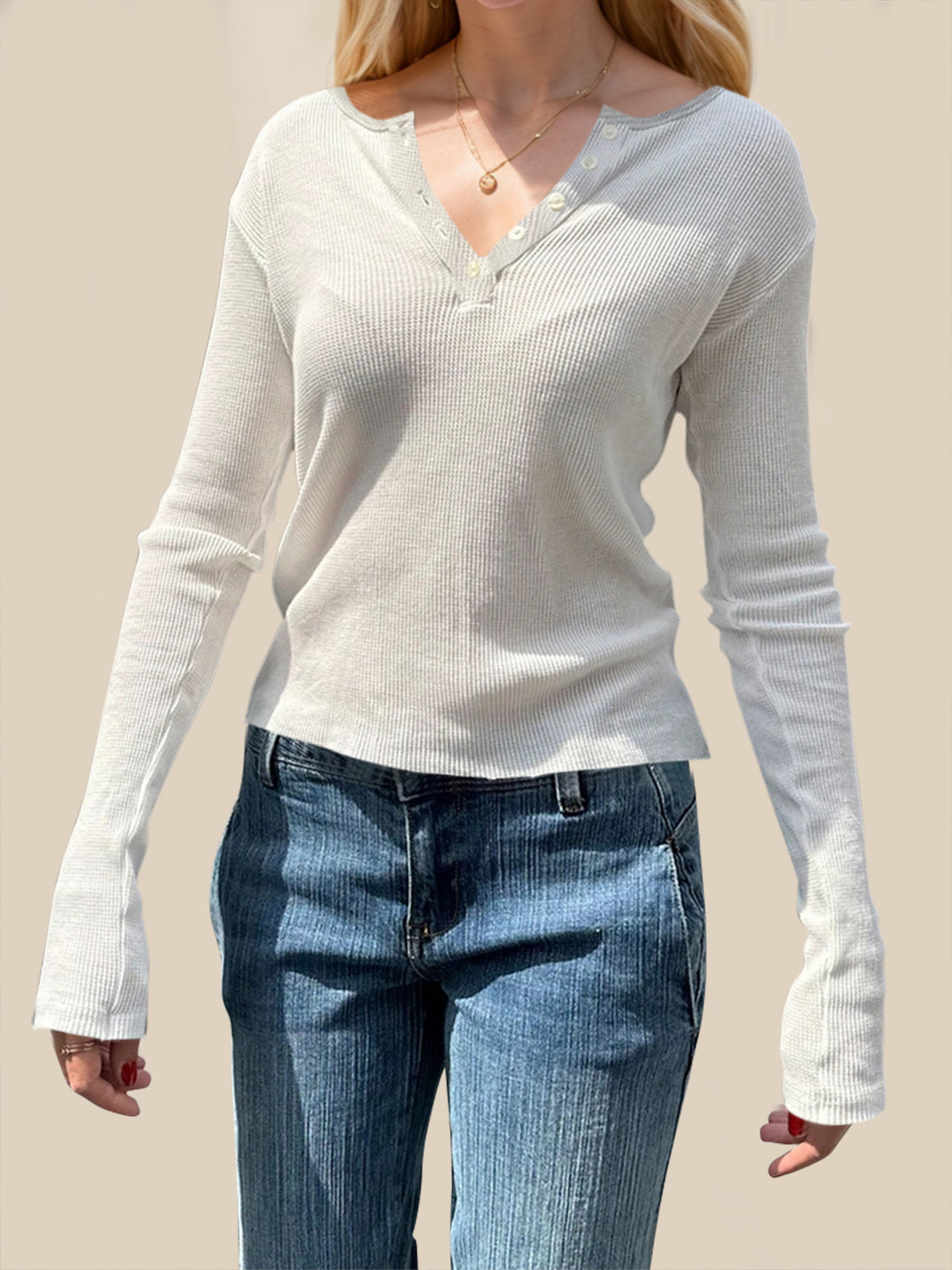 Devine Quarter Button Long Sleeve T-Shirt - Ladyez
