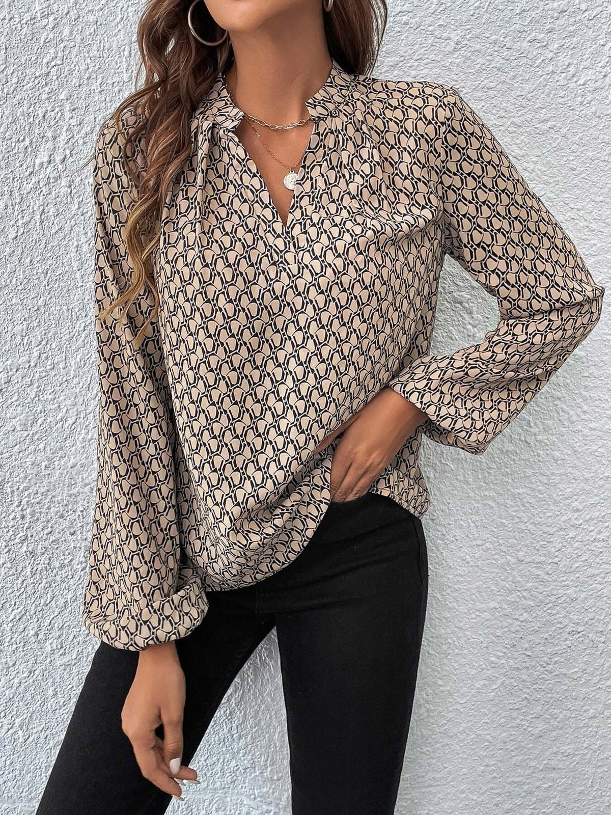 Printed Notched Balloon Sleeve Blouse
