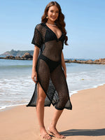 Slit Openwork Johnny Collar Short Sleeve Cover-Up - Ladyez