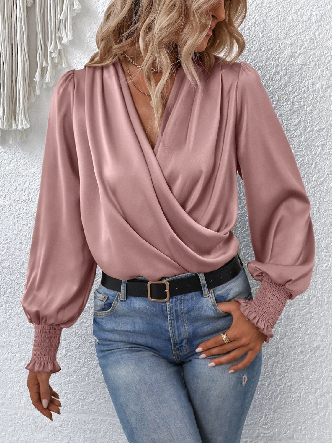 Surplice Smocked Lantern Sleeve Blouse - Ladyez